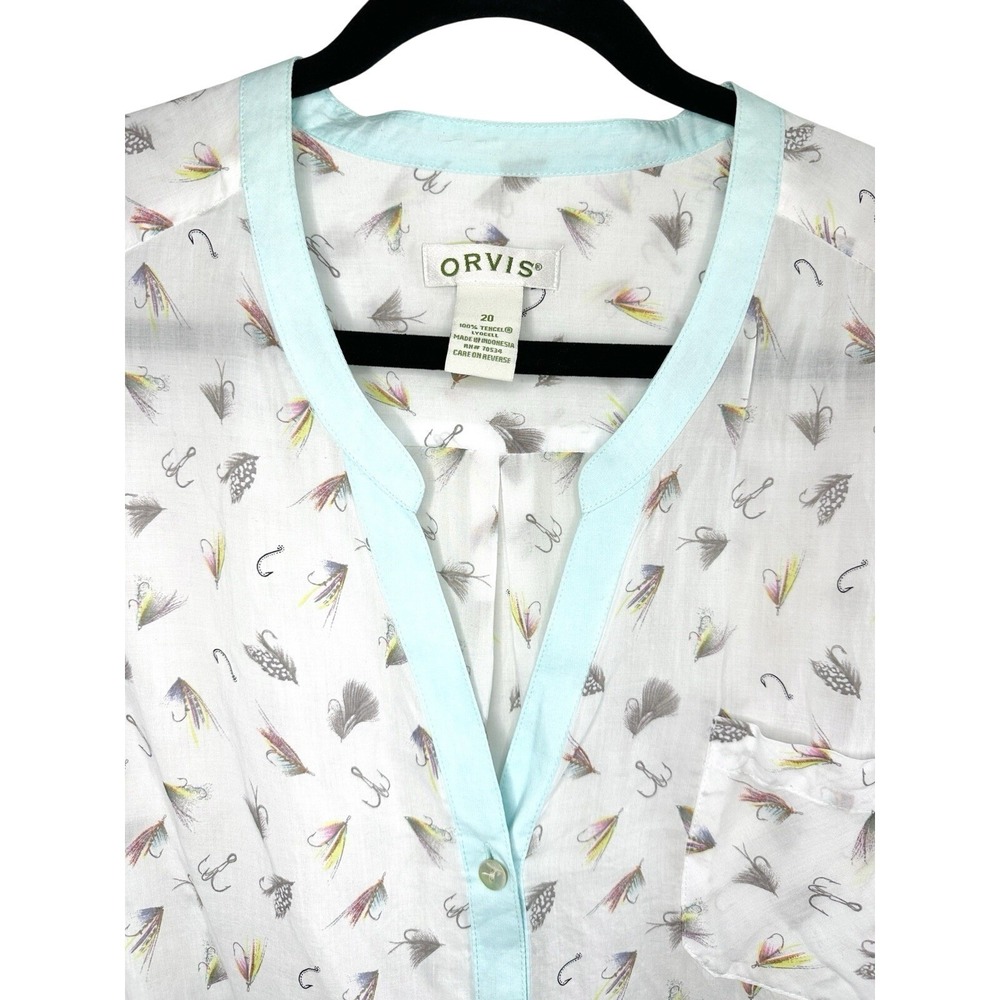Orvis‎ Fly Fishing Lure Print Tencel Shirt Women's 20 White Blue Button Up Top